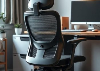 A modern ergonomic office chair in a home office setting, with a computer desk and decorative elements.