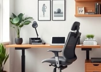 A modern home office featuring an ergonomic chair, a sleek desk, and decorative plants.