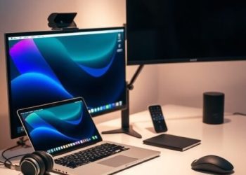 A modern home office setup with a laptop, external monitor, headphones, and a wireless mouse on a clean desk.