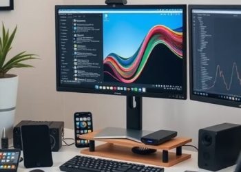 A modern home office setup featuring dual monitors, a laptop, smartphone, and a plant.
