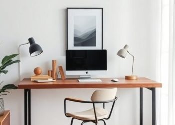 A modern home office with a floating desk, computer, and stylish chair.