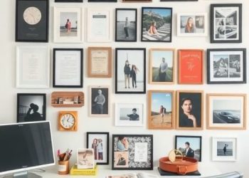 A home office with a gallery wall featuring various framed photos and art pieces.