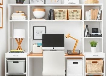 A bright home office with a desk, computer, and organized shelves featuring baskets and decorative items.