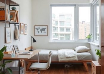 A cozy multi-functional home office with a desk, chair, bed, and plants.