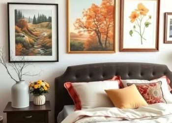 A cozy bedroom with nature-inspired artworks featuring autumn scenes on the wall.