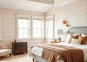 Cozy master bedroom with textured wall treatment and soft bedding