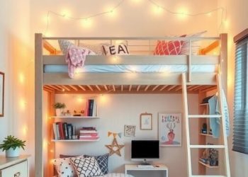 A stylish girl's bedroom featuring a trendy loft bed with a desk underneath, warm lighting, and colorful decor.