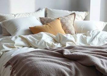 A cozy bedroom with layered textiles, featuring fluffy pillows and a warm throw blanket.