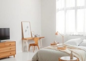 A minimalist bedroom featuring neutral tones, wooden furniture, and natural light.