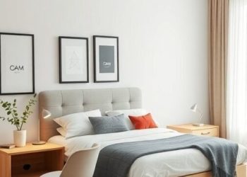 A modern bedroom featuring a bed with storage drawers, bedside tables, and a chair, all in light colors and natural wood.