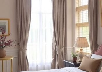 Stylish window treatments in a guest bedroom with beige curtains and a valance.