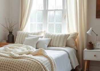 A cozy farmhouse bedroom featuring a bed with a chunky knit blanket, soft pillows, light curtains, and a woven rug.