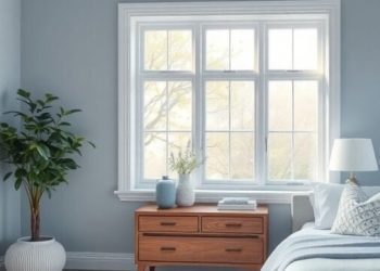 A calming master bedroom with soft blue walls, wooden furniture, and natural light.