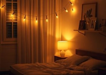 A warm bedroom with soft lighting, featuring a bed, lamp, and string lights.