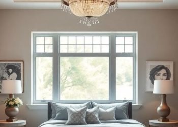 A beautifully decorated master bedroom featuring a stunning chandelier and matching bedside lamps.