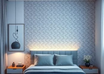 A modern bedroom featuring a geometric patterned accent wall, stylish bed, and warm lighting.