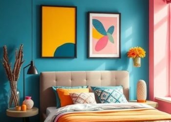 A vibrant bedroom featuring bold blue walls, a pink ceiling, colorful artwork, and a mix of bedding colors.