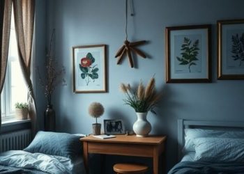A cozy dark academia bedroom featuring nature-inspired decor with botanical prints and warm wooden furniture.