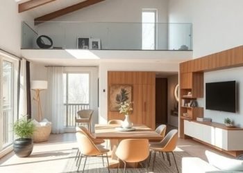 A bright and airy open concept living room with high ceilings, large windows, and a cozy seating area.