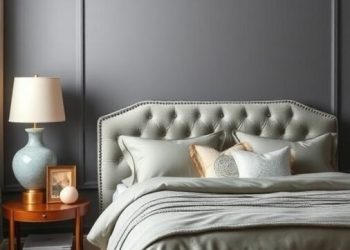 A stylish grey bedroom featuring a tufted headboard, gold accents, and elegant decor.