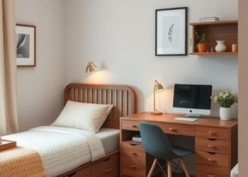 A cozy small bedroom featuring a bed with storage drawers, a compact desk, and warm wooden tones.