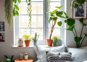 A cozy teen boy bedroom filled with various plants, showcasing an urban jungle theme.