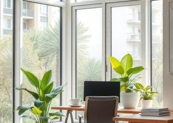 A bright home office with large windows, plants, and a wooden desk.