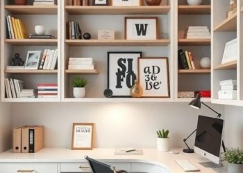 A stylish home office with built-in desk and shelves, featuring books, plants, and decorative items.