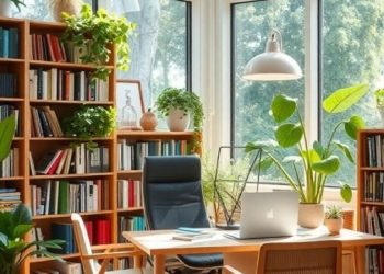 A bright home office library with large windows, bookshelves, and plants.
