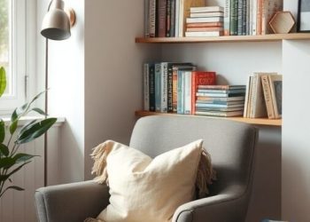Cozy reading nook with a comfortable chair, bookshelves, and a side table