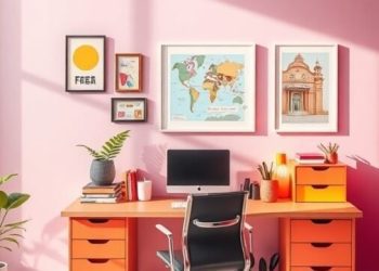 A bright home office with a pink wall, orange desk, and colorful decorations.