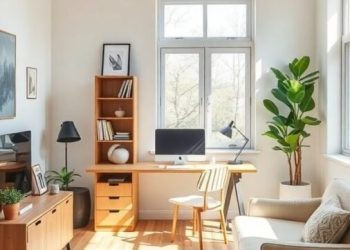 A bright home office with a desk, chair, sofa, and plants, showcasing a flexible furniture arrangement.