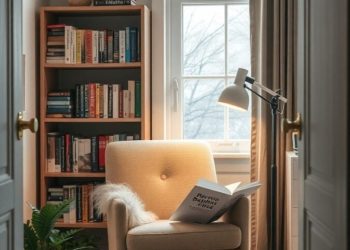 A cozy reading nook featuring a soft chair, a bookshelf filled with books, and a plant, all bathed in natural light.