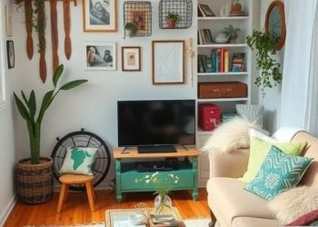 A cozy living room featuring recycled and upcycled decor with plants, wall art, and vintage furniture.
