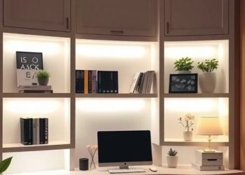A well-lit home office with built-in shelves, featuring a computer, books, and decorative plants.