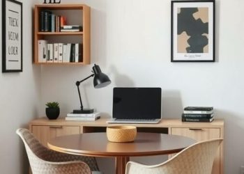 A small home office with a round table, two chairs, a wall-mounted shelf, and a warm color scheme.