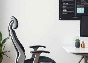 A modern ergonomic office chair beside a sleek desk in a home office setting.