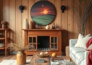 Cozy living room with wooden walls, rustic decor, and fall accents