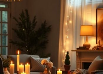 A cozy fall living room with layered lighting, featuring candles, a hanging lamp, and fairy lights.