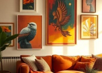 Cozy living room with warm colorful artwork on the walls