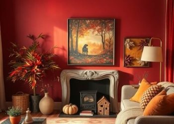 Cozy fall living room with red walls, autumn decor, and warm colors