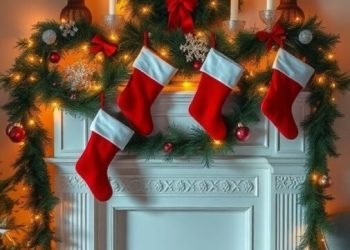 A beautifully decorated fireplace mantel for Christmas with stockings, a wreath, and candles.