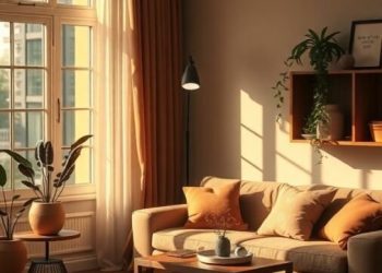 A cozy living room with warm colors, featuring a sofa, cushions, and natural light.