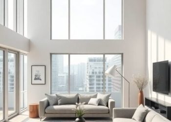 A contemporary minimalist living room with large windows, gray sofas, and a simple coffee table.