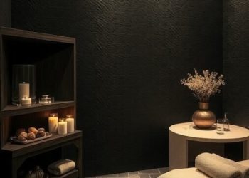 A serene spa setting featuring textured black wallpaper, soft lighting, candles, and a cozy arrangement.