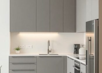 A minimalist kitchen with gray cabinets, white countertops, and modern appliances.