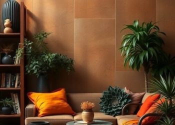Cozy living room with earthy color palette, featuring terracotta walls, orange cushions, plants, and wooden furniture.