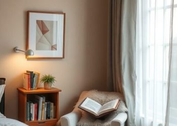 Cozy bedroom reading nook with a chair, open book, and soft lighting.