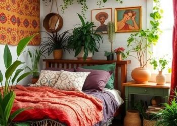 A cozy bohemian chic bedroom with plants, colorful textiles, and framed art.