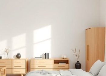 A minimalist Scandinavian bedroom featuring light colors and natural wood furniture.